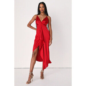 Lulus Red Satin Ruffled Midi Dress - Size XS Never Worn with Tag